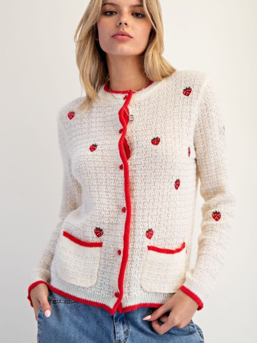 "The Gena" Embroidered Strawberry Cardigan